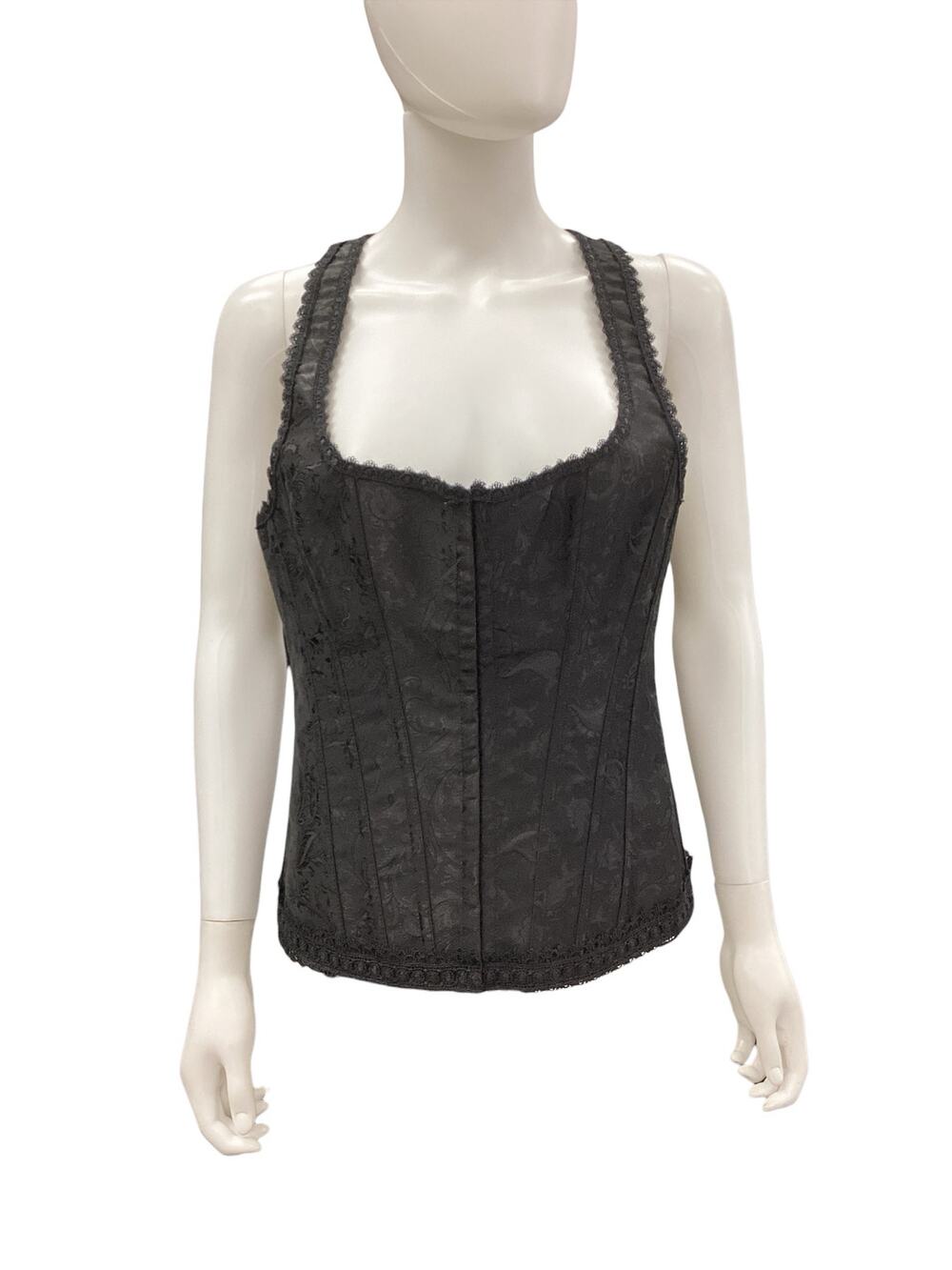 iCollection Corset Women’s Size M/ EU 40 Tie Up Lace Trim Paisley Pattern Black